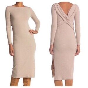 ASTR Cross Back Long Sleeve Ribbed Midi Dress in Nude size M